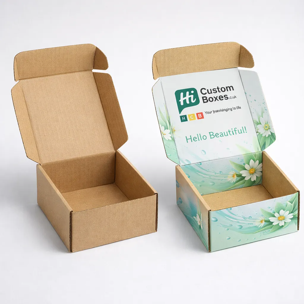 Two corrugated mailer boxes, one natural brown and one white with blue wave interior prints class=